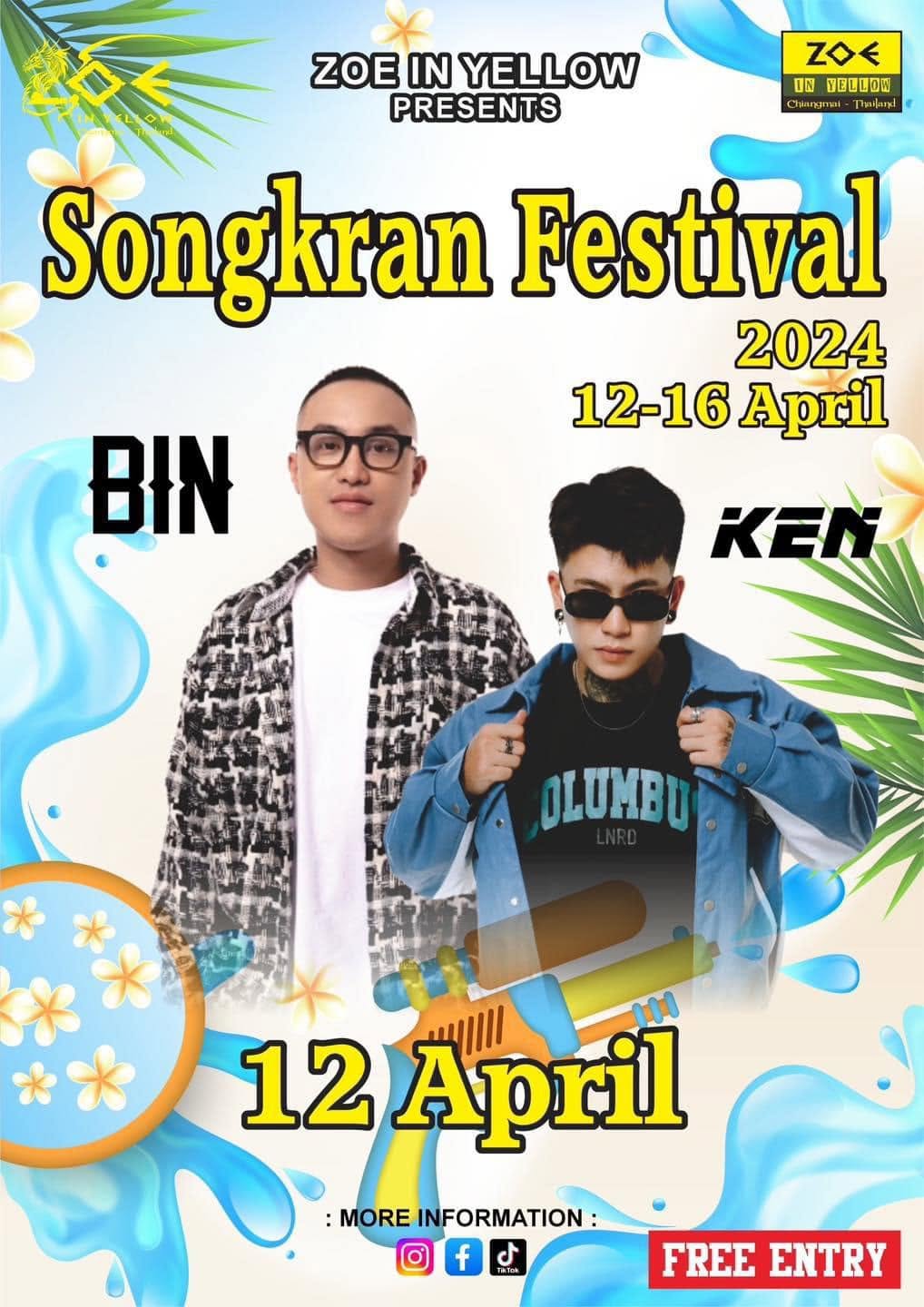 Poster Songkran Festival 2024 của Zoe in Yellow tại Chiang Mai, có DJ Bin và MC KEN
