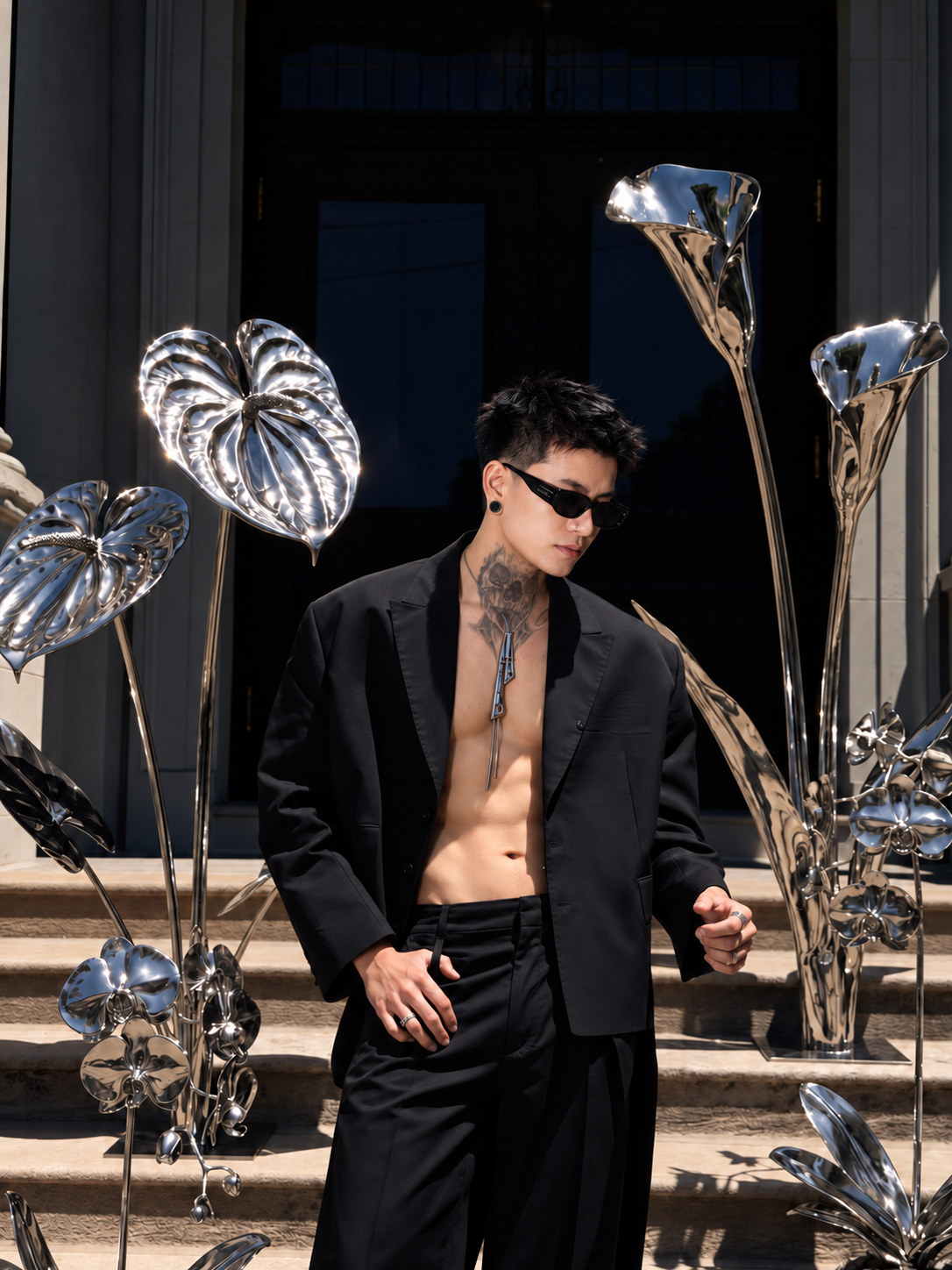MC KEN mặc blazer đen giữa những hoa chrome, với hình xăm đầu sọ ở cổ nối xuống ngực trên